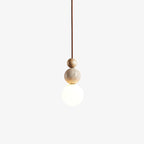Japandi Travertine Pendant Light Walnut Bead & Opal Glass Globe Ceiling Lamp 9