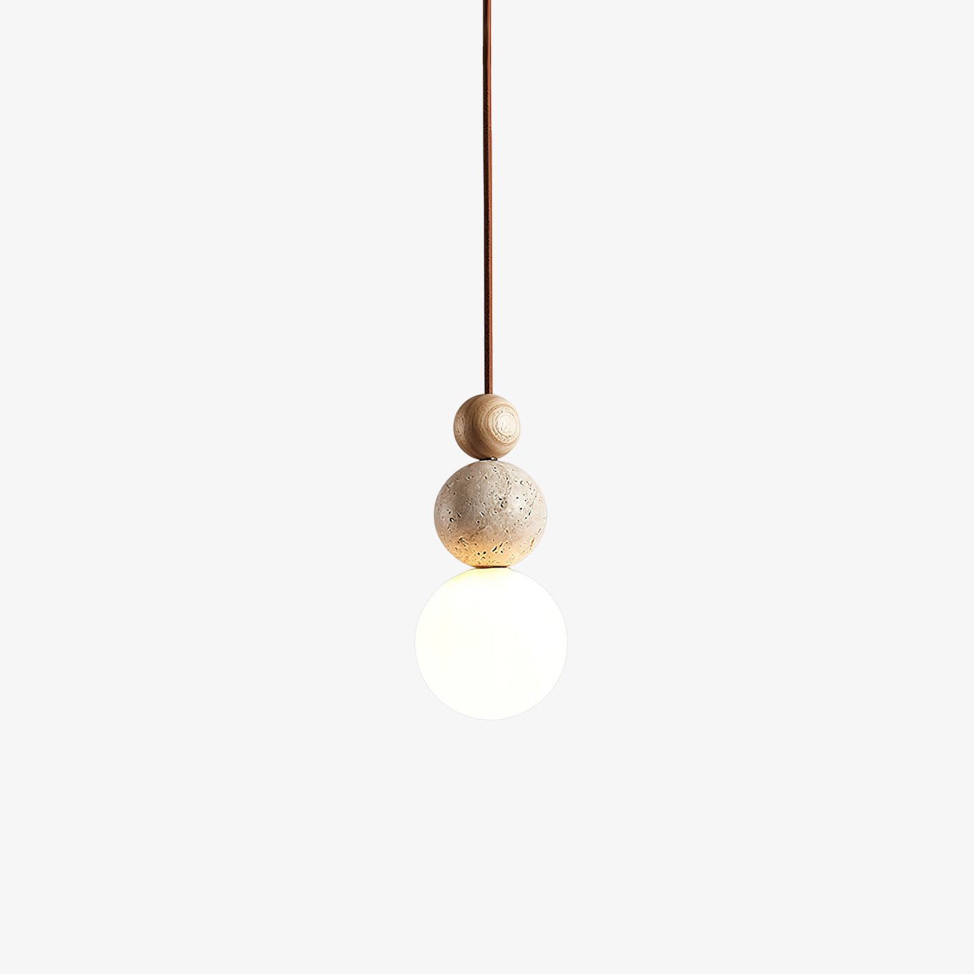 Japandi Travertine Pendant Light Walnut Bead & Opal Glass Globe Ceiling Lamp 9