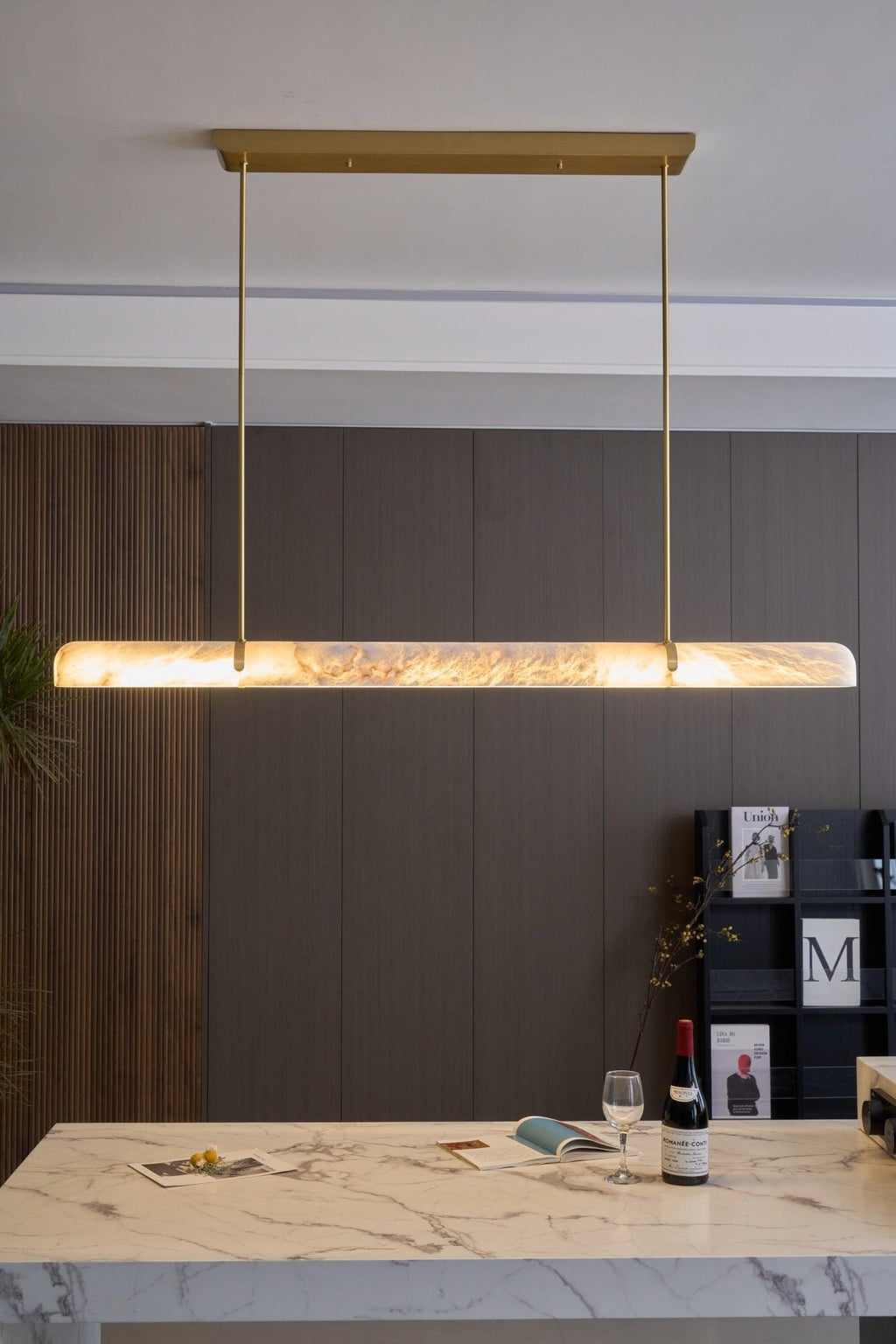 Linear Chandelier Dimmable Brass Alabaster Adjustable Height 3