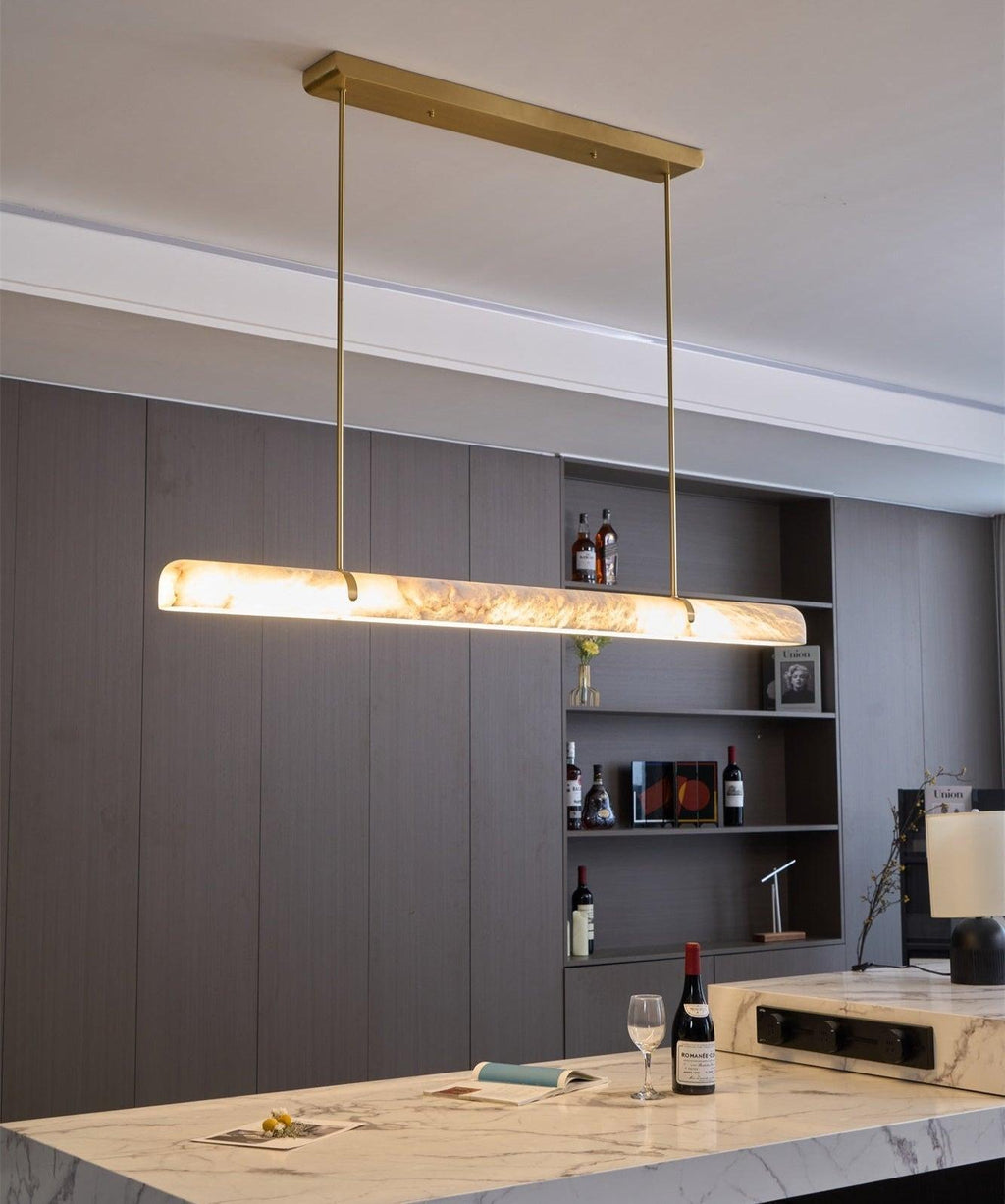 Linear Chandelier Dimmable Brass Alabaster Adjustable Height 4
