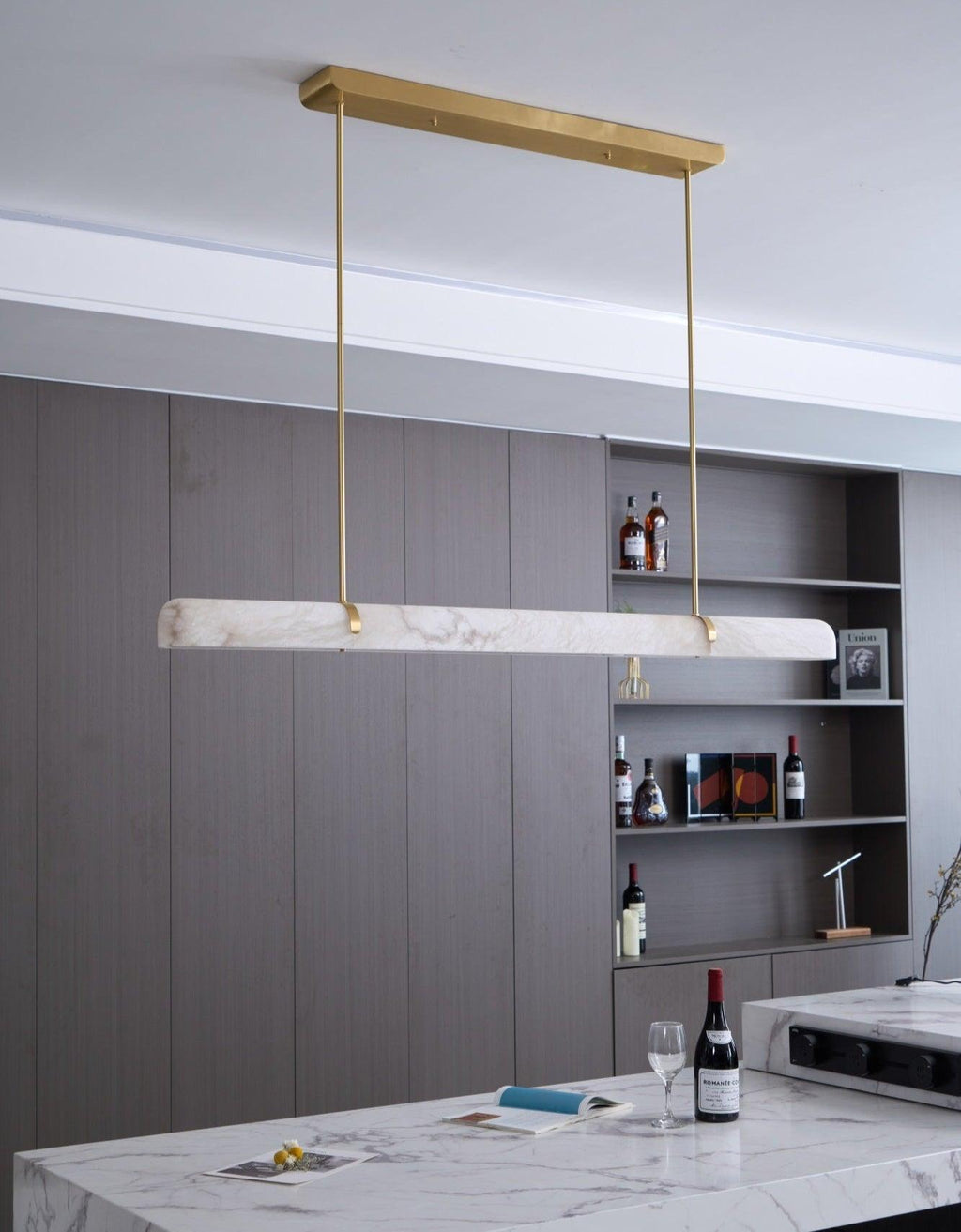 Linear Chandelier Dimmable Brass Alabaster Adjustable Height 7