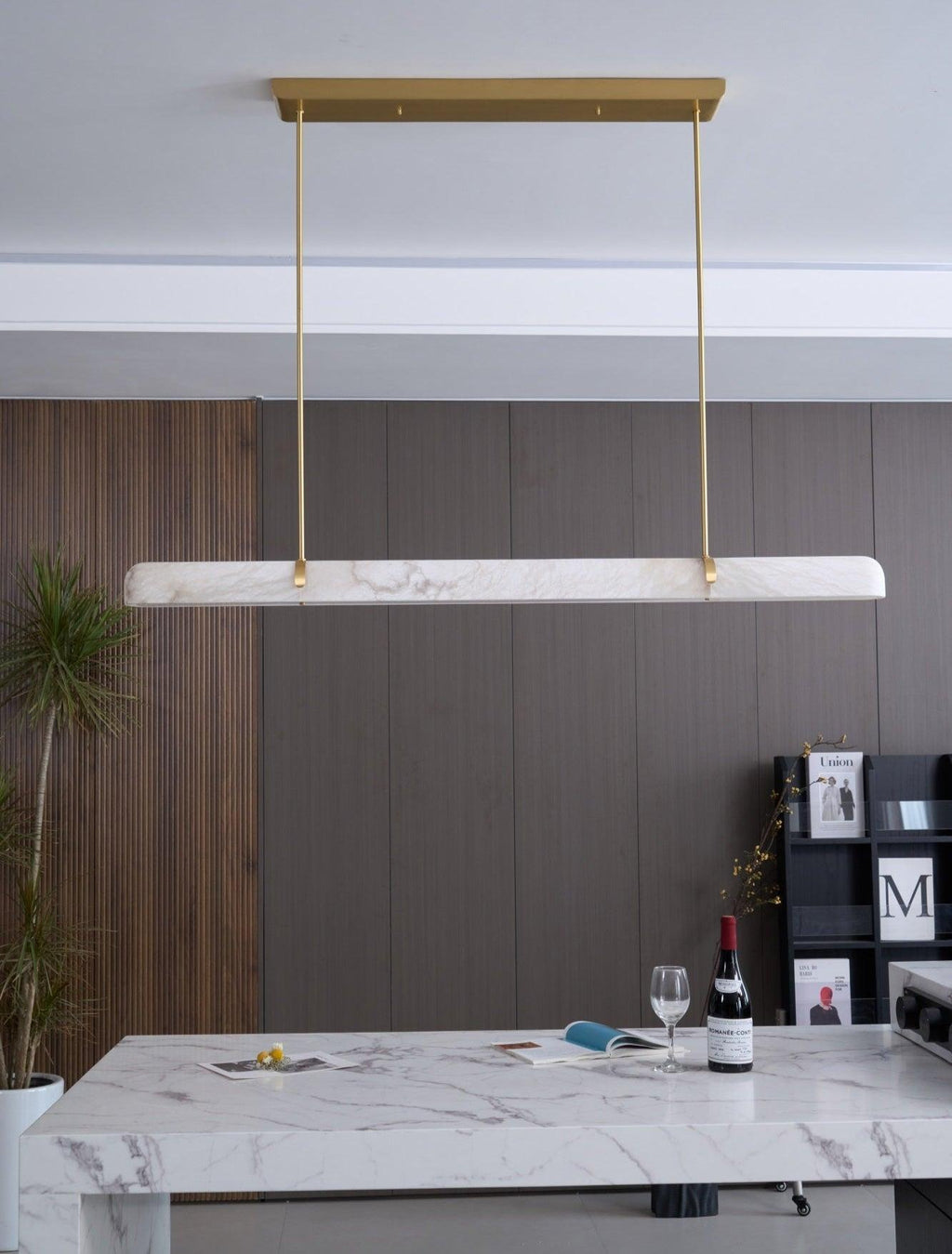 Linear Chandelier Dimmable Brass Alabaster Adjustable Height 8