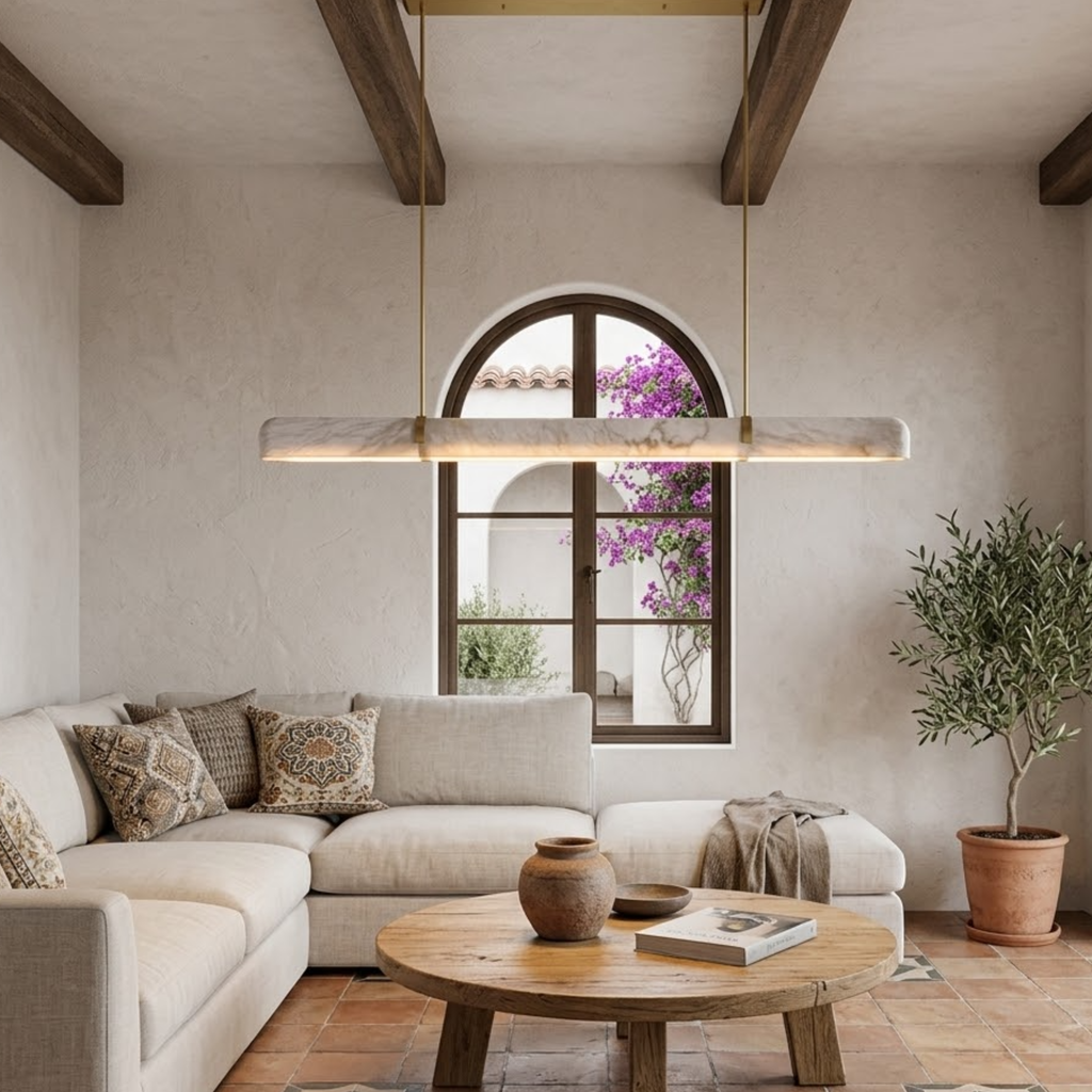 Linear Chandelier Dimmable Brass Alabaster Adjustable Height 99
