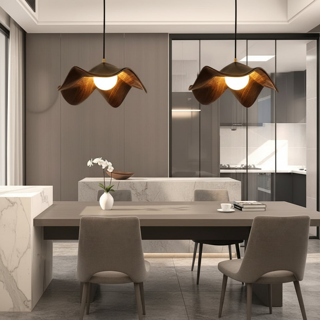 Lotus Leaf Pendant Light, Adjustable Kitchen Pendant Lighting – White and Wood Finish 2