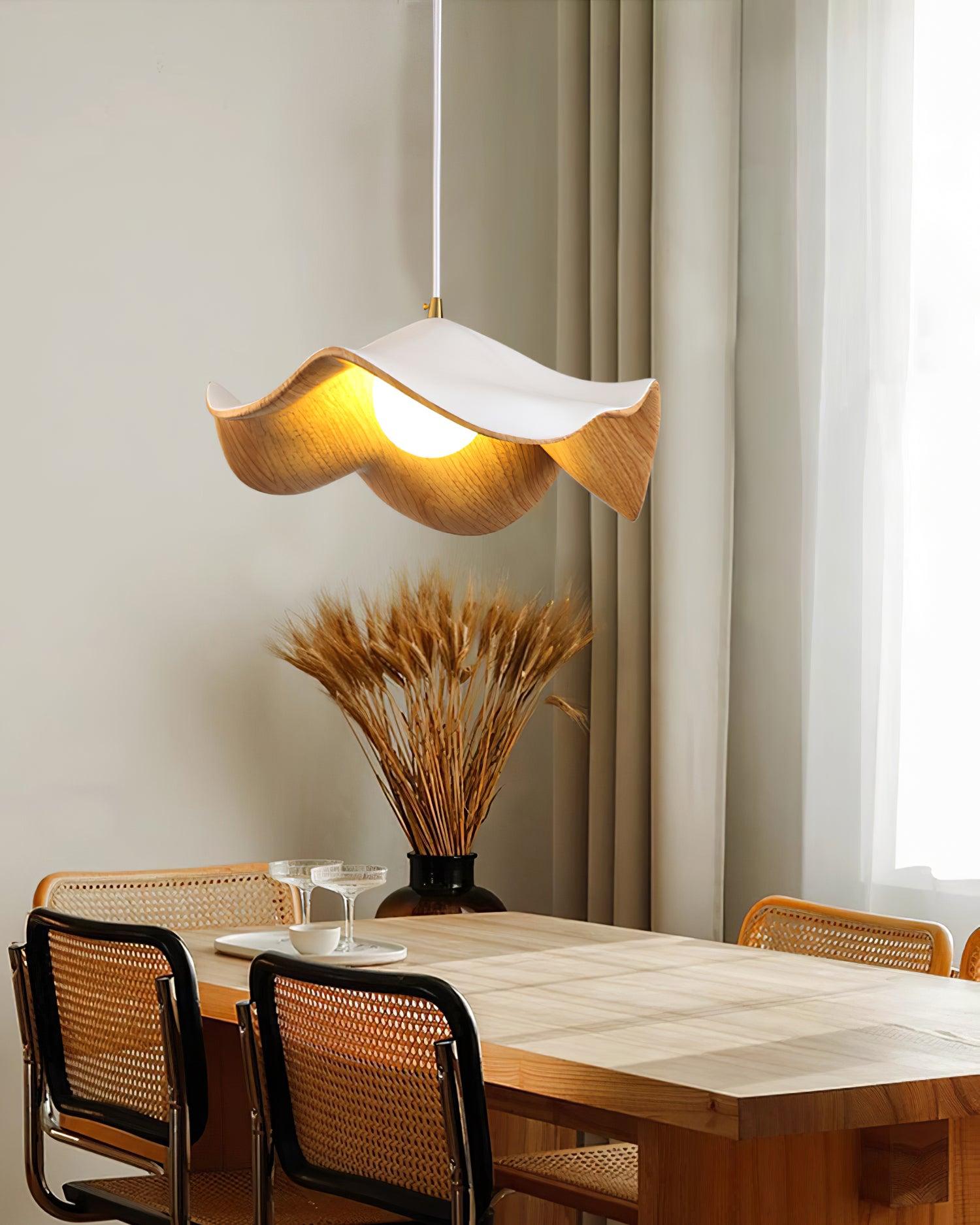 Lotus Leaf Pendant Light, Adjustable Kitchen Pendant Lighting – White and Wood Finish 4