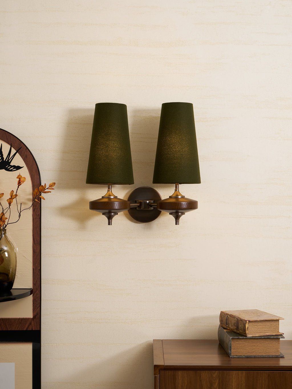 Mid-Century Modern Dual Shade Wall Sconce Wood Finish 2