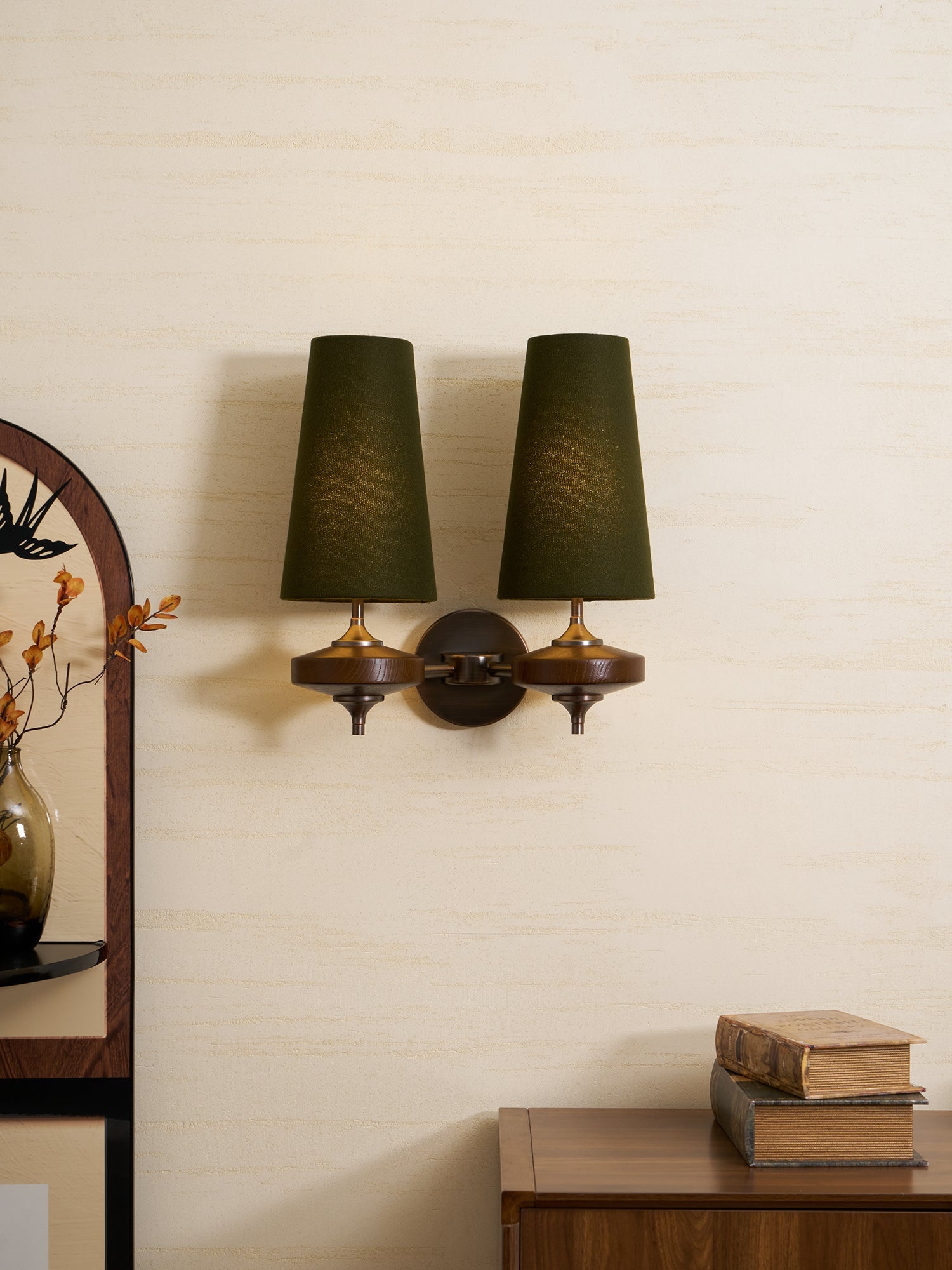 Mid-Century Modern Dual Shade Wall Sconce Wood Finish 2