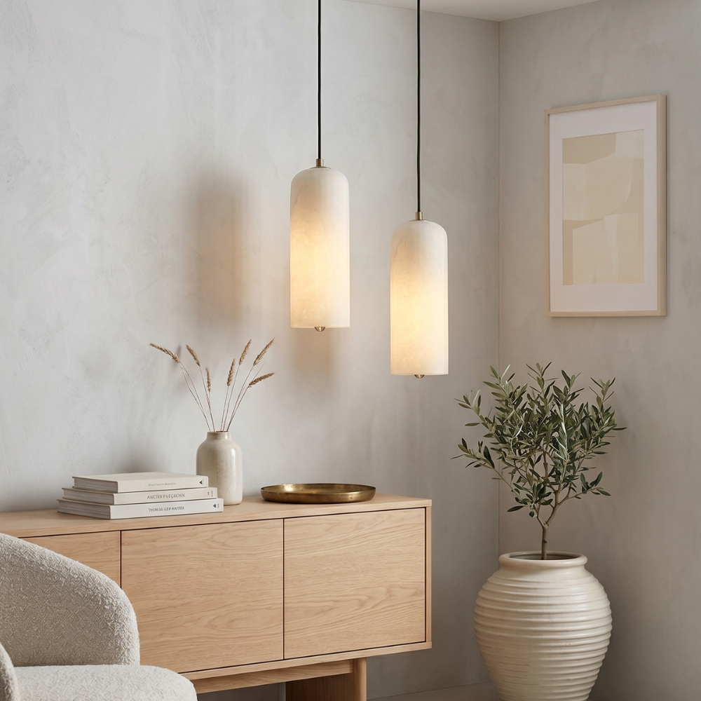Mid-Century Pendant Light Brass Alabaster Adjustable Height 99