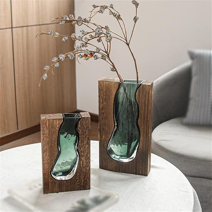 Minimalist Glass Flower Vase Natural Wood Finish 0
