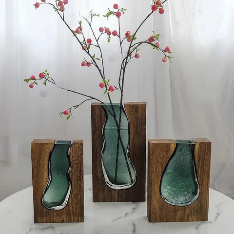 Minimalist Glass Flower Vase Natural Wood Finish 1