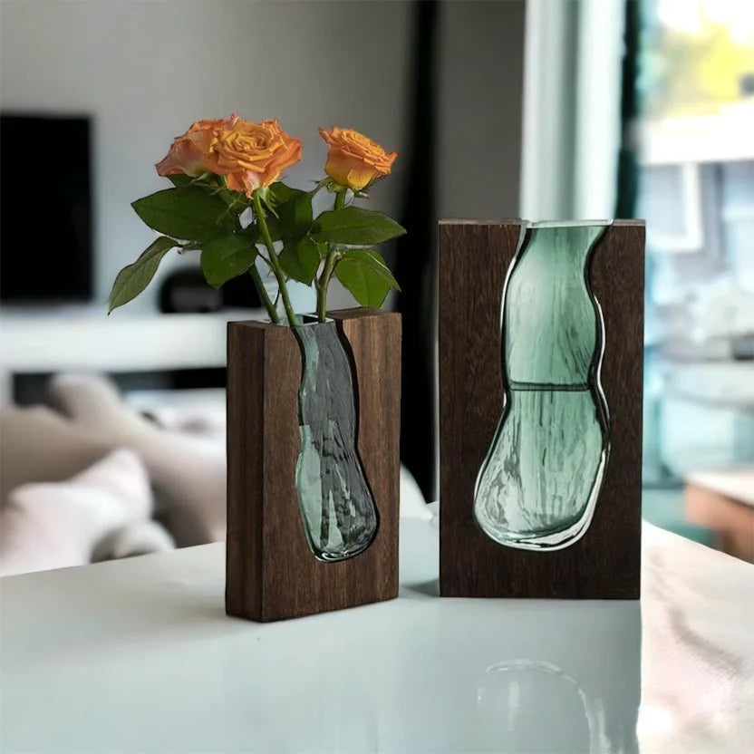 Minimalist Glass Flower Vase Natural Wood Finish 3