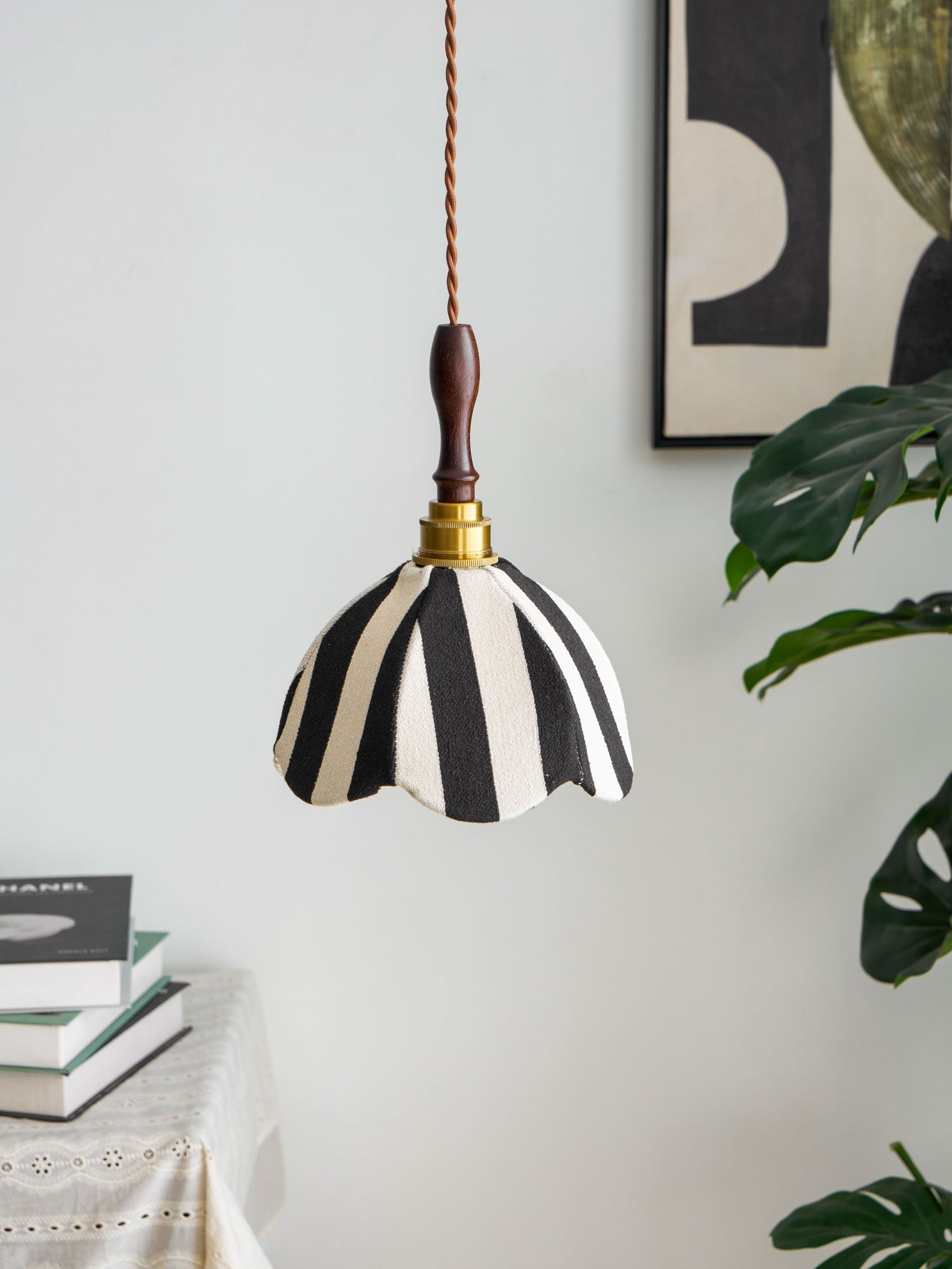 Minimalist Pendant Light Fabric Adjustable Height Black Cream 1