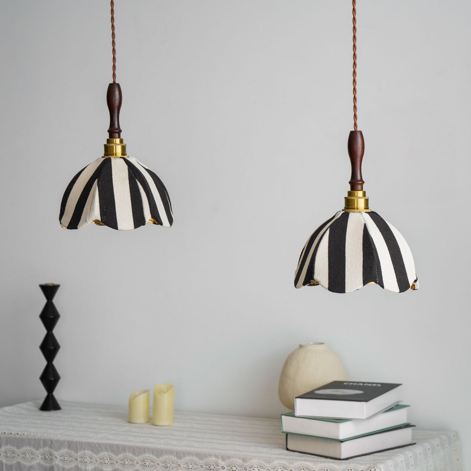Minimalist Pendant Light Fabric Adjustable Height Black Cream 2