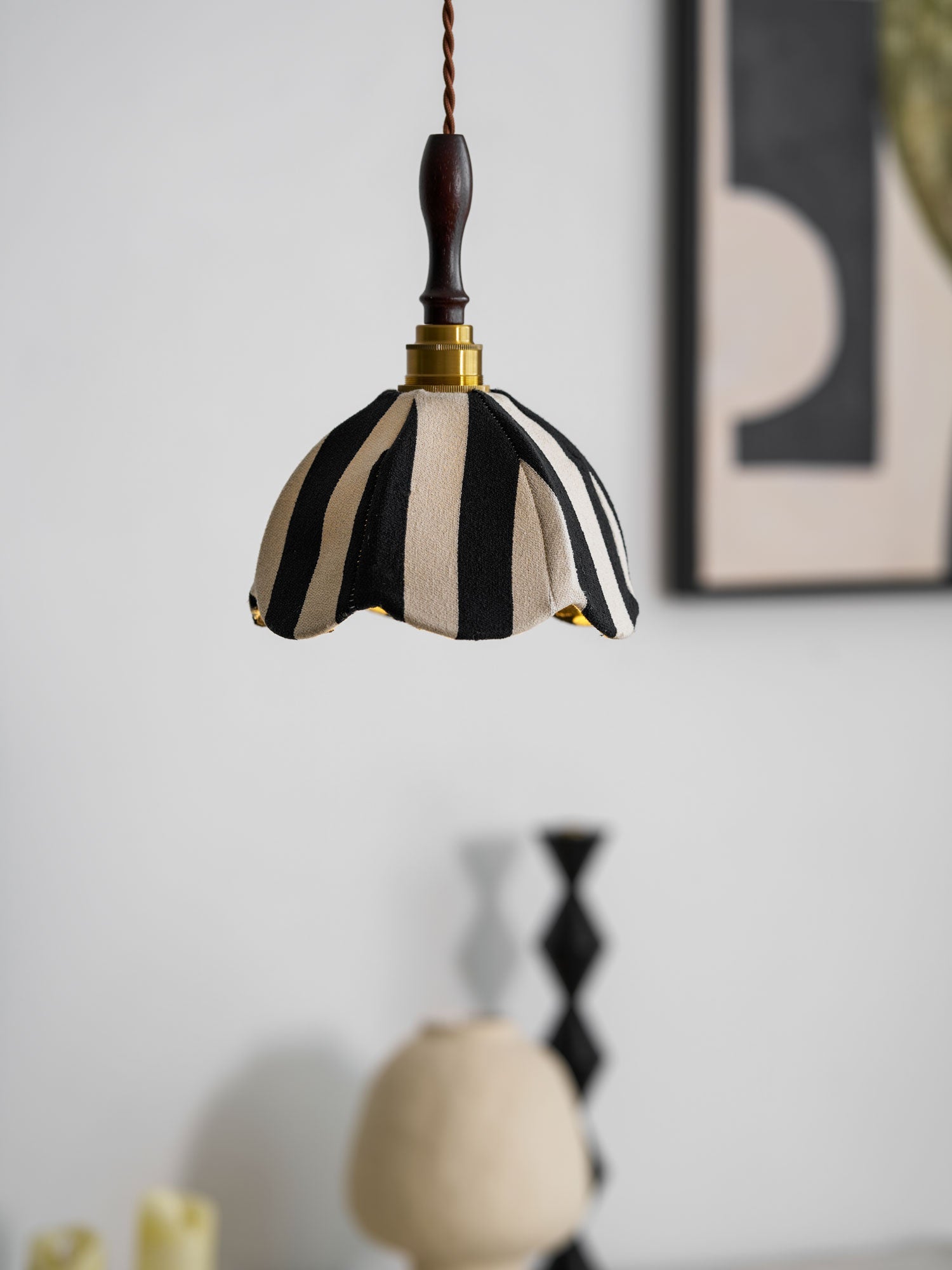 Minimalist Pendant Light Fabric Adjustable Height Black Cream 3