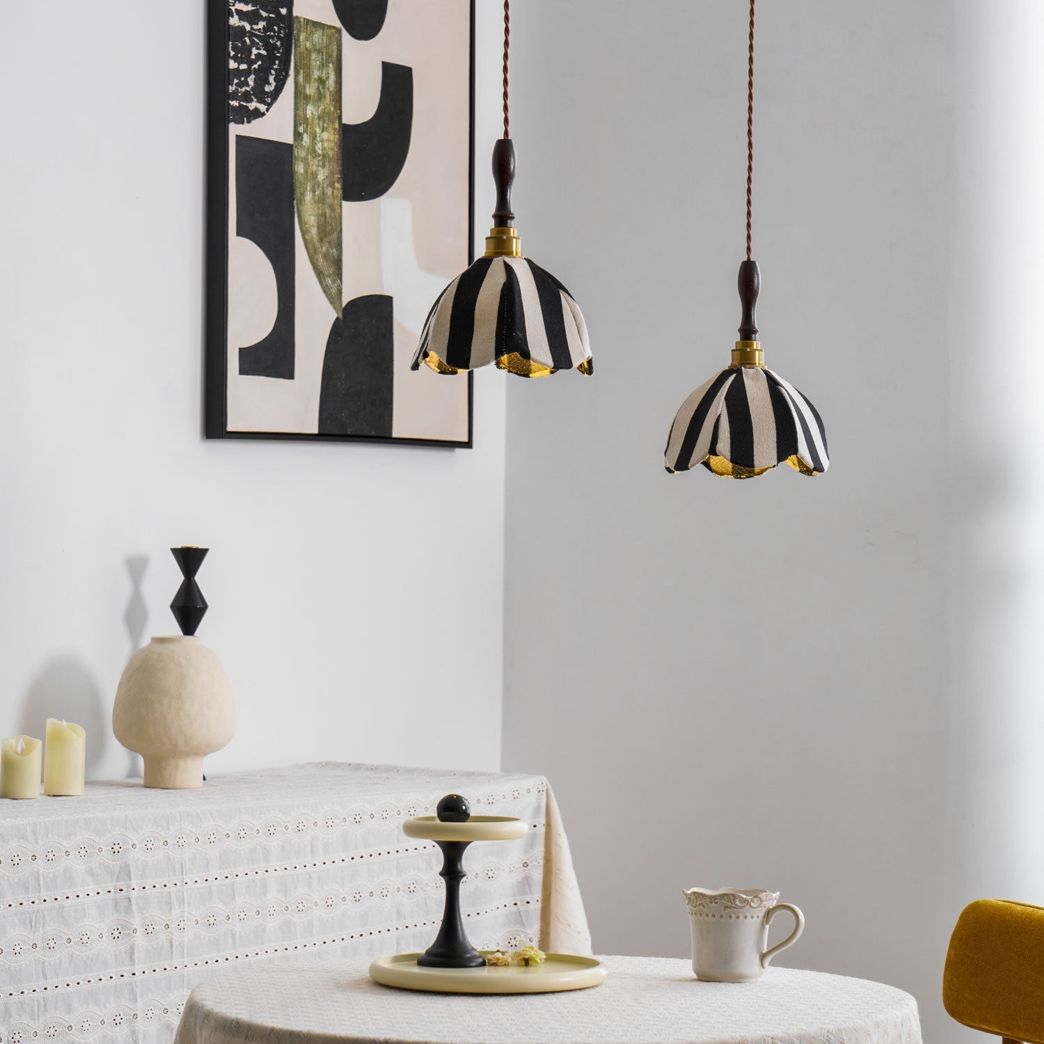 Minimalist Pendant Light Fabric Adjustable Height Black Cream 4