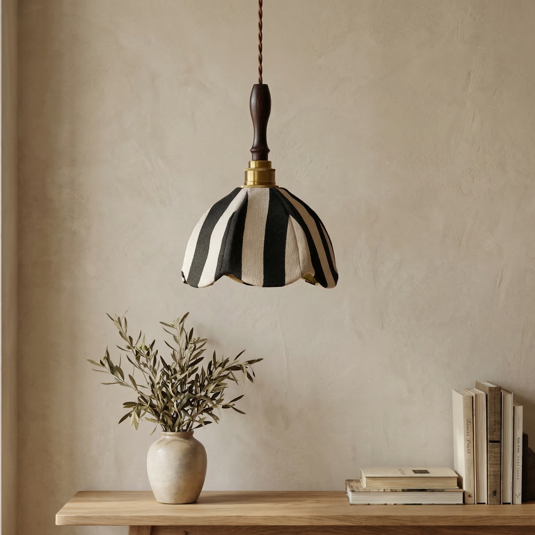 Minimalist Pendant Light Fabric Adjustable Height Black Cream 99