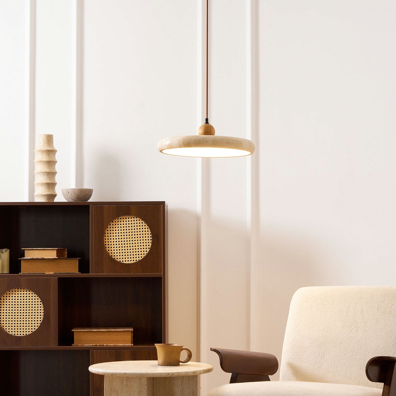 Minimalist Pendant Light Yellow Travertine Adjustable Height 96