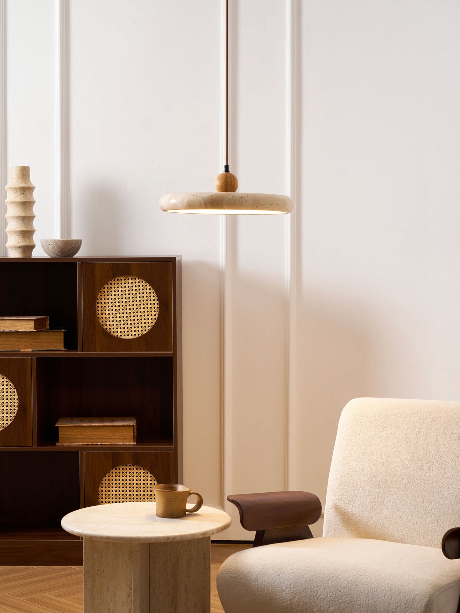 Minimalist Pendant Light Yellow Travertine Adjustable Height 97