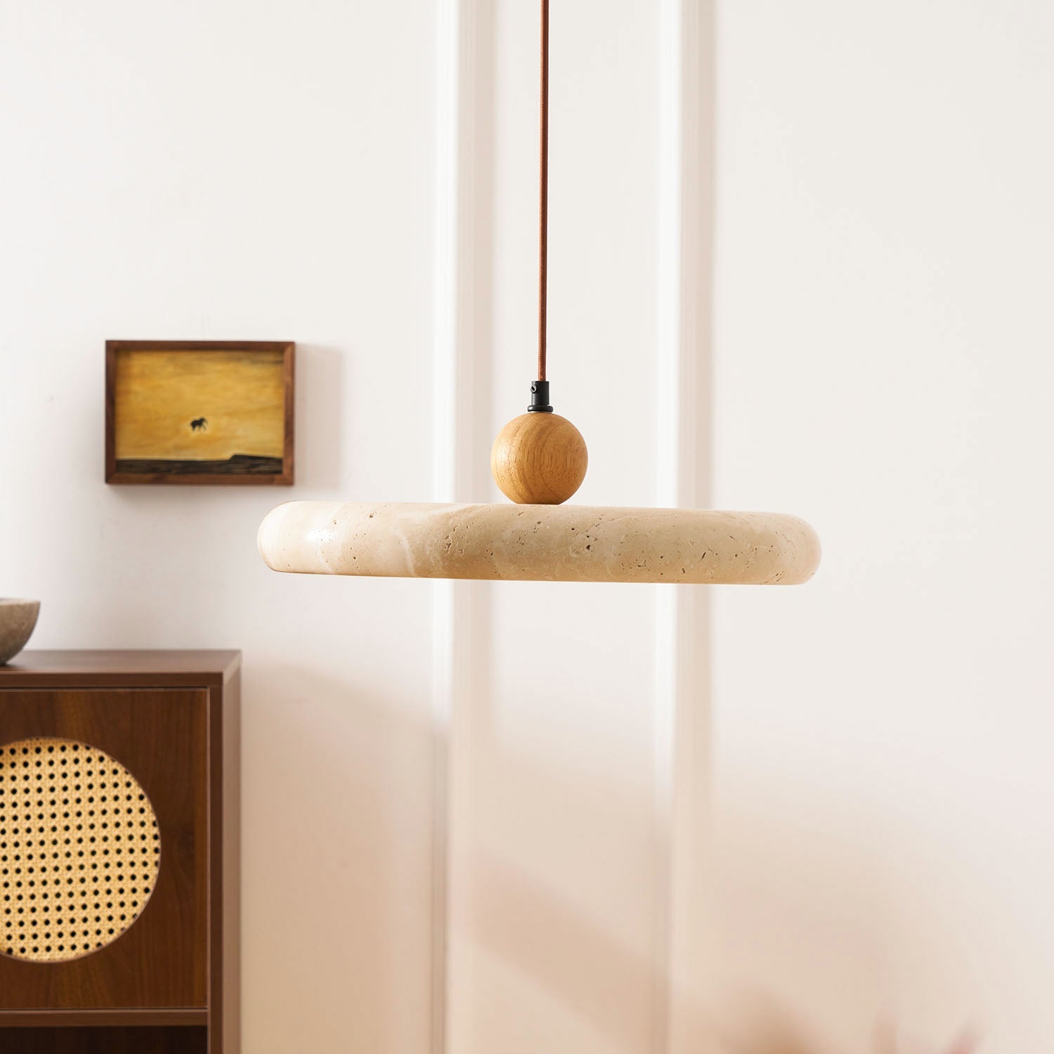 Minimalist Pendant Light Yellow Travertine Adjustable Height 98