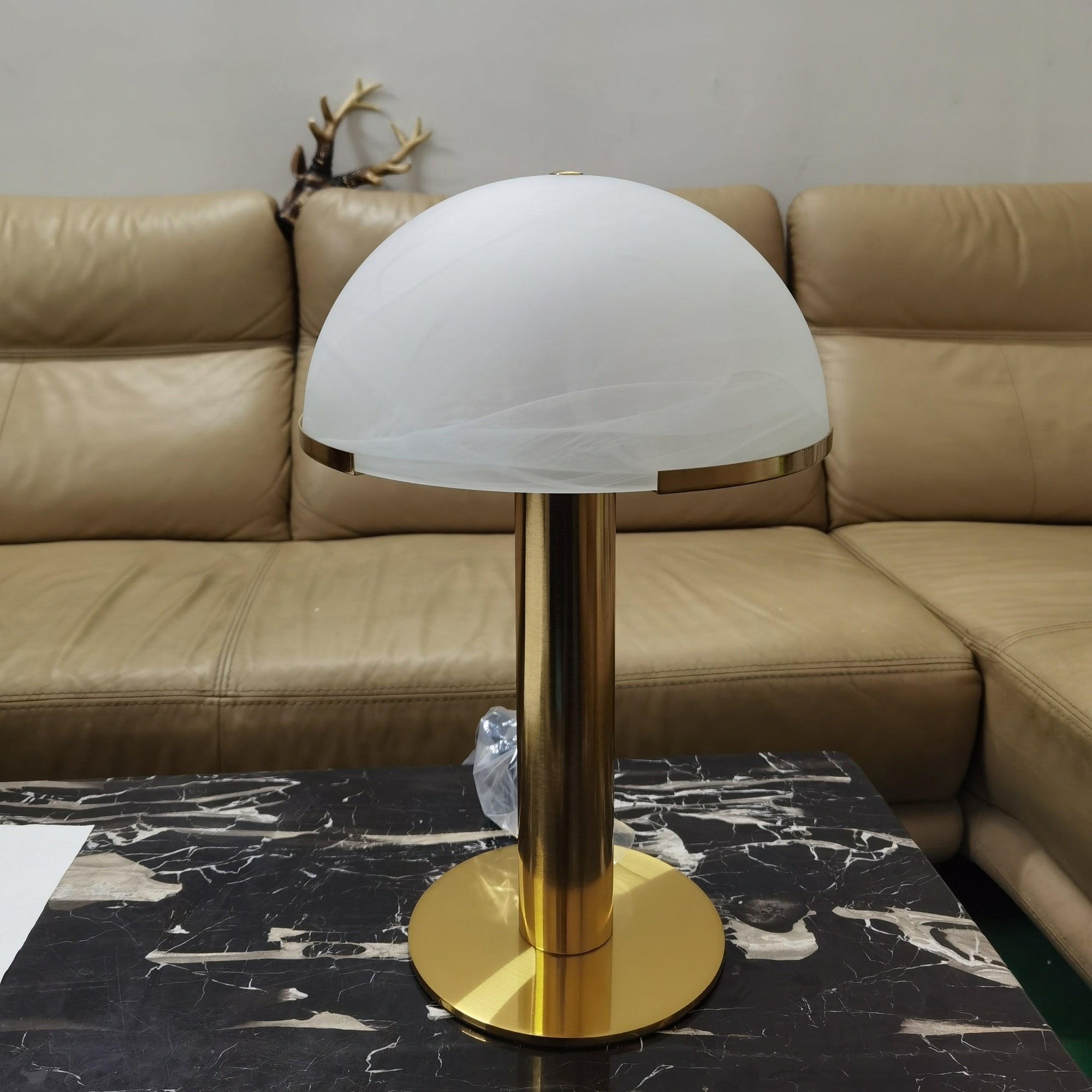 Minimalist Table Lamp Alabaster Stone Bronze Base 0