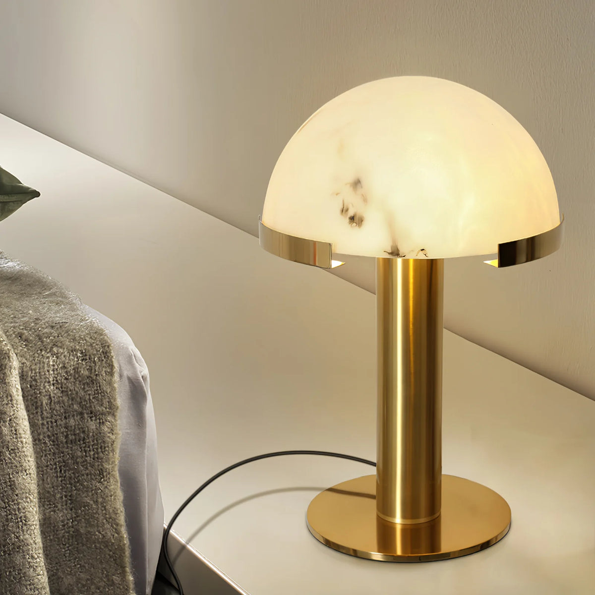 White Alabaster Stone Table Lamp Cylindrical Gold Metal Base Minimalist Living Room Bedroom Home Decor - Stack & Clear 5