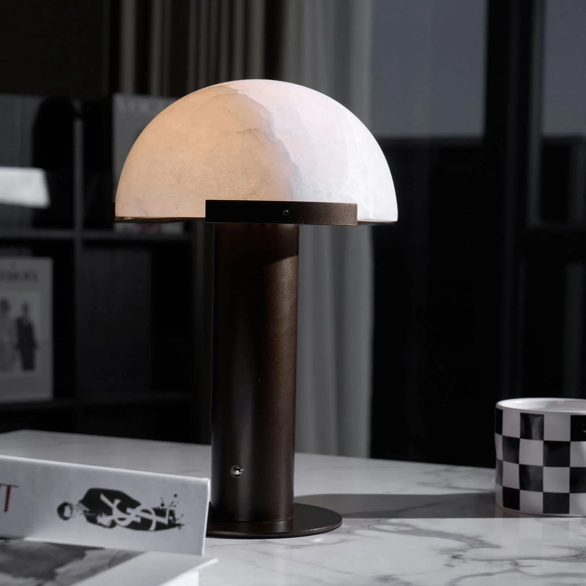 White Alabaster Stone Table Lamp Cylindrical Gold Metal Base Minimalist Living Room Bedroom Home Decor - Stack & Clear 6