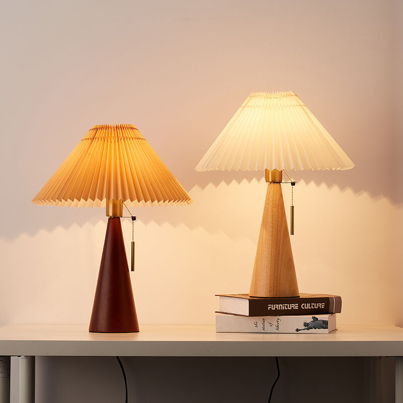 Minimalist Vintage Wooden Table Lamp – LED Bedside Lamp with Fabric Shade in Light Brown & Walnut Finish 0