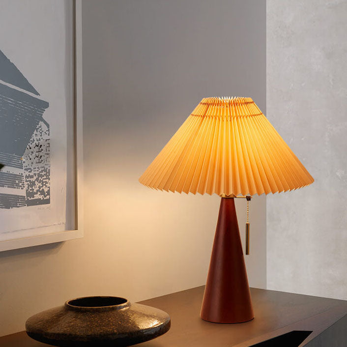 Minimalist Vintage Wooden Table Lamp – LED Bedside Lamp with Fabric Shade in Light Brown & Walnut Finish 1