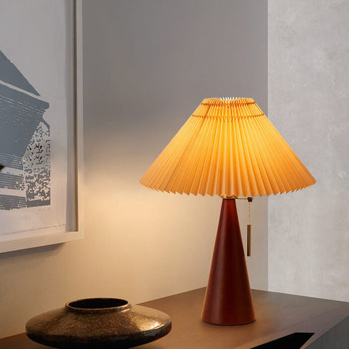 Minimalist Vintage Wooden Table Lamp – LED Bedside Lamp with Fabric Shade in Light Brown & Walnut Finish 1