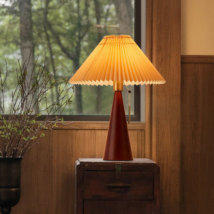Minimalist Vintage Wooden Table Lamp – LED Bedside Lamp with Fabric Shade in Light Brown & Walnut Finish 4