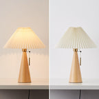 Minimalist Vintage Wooden Table Lamp – LED Bedside Lamp with Fabric Shade in Light Brown & Walnut Finish 6