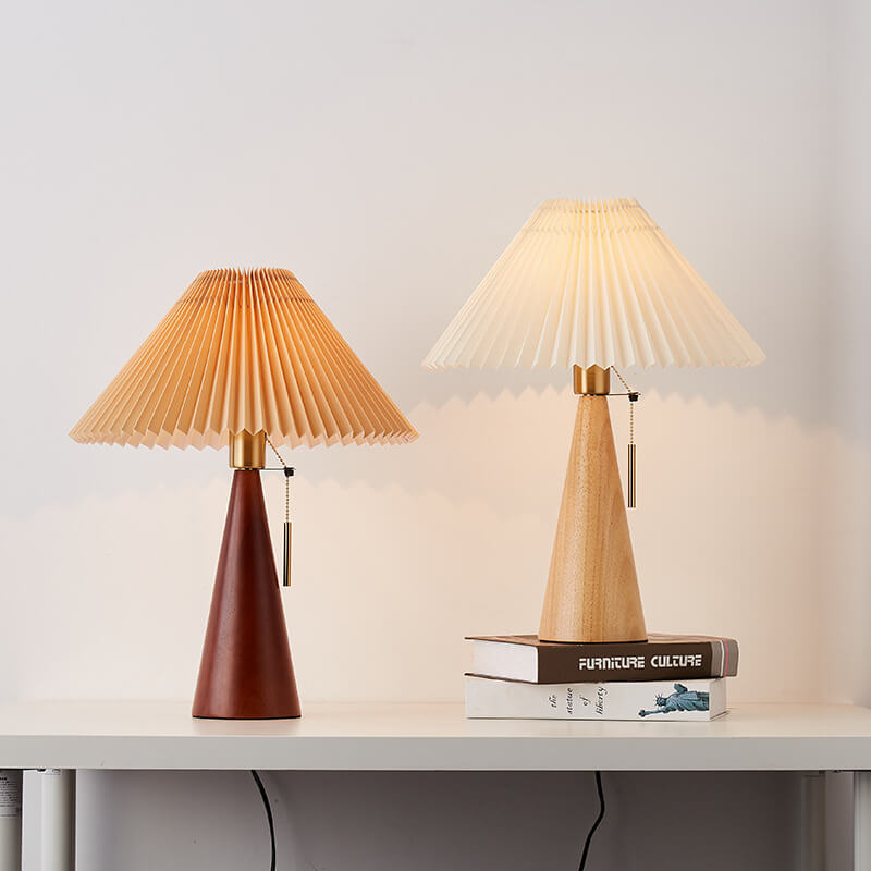 Minimalist Vintage Wooden Table Lamp – LED Bedside Lamp with Fabric Shade in Light Brown & Walnut Finish 7