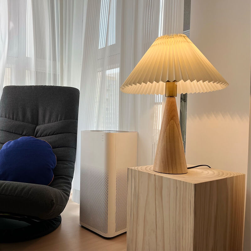 Minimalist Vintage Wooden Table Lamp – LED Bedside Lamp with Fabric Shade in Light Brown & Walnut Finish 8