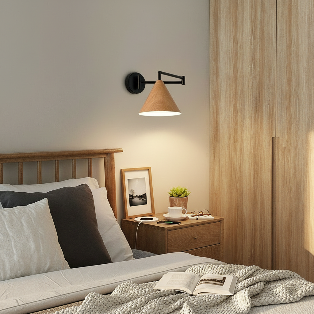 Minimalist Wall Sconce Lighting in Walnut Finish – Modern Iron Cone Wall Lamp for Bedroom and Living Room 12