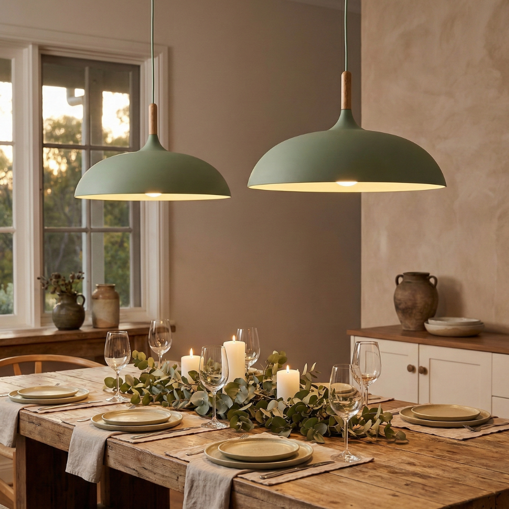 Modern 1-Light Dome Pendant Light with Metal and Wood Top – Stylish Kitchen Hanging Light 18
