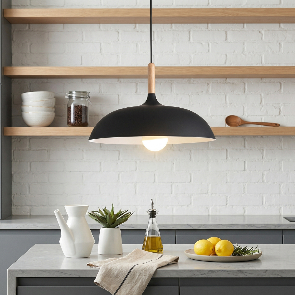 Modern 1-Light Dome Pendant Light with Metal and Wood Top – Stylish Kitchen Hanging Light 20