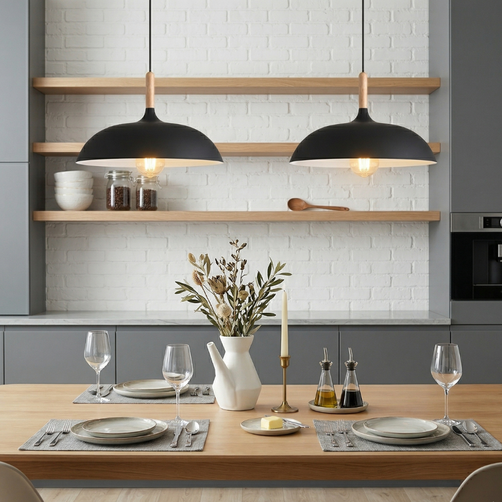Modern 1-Light Dome Pendant Light with Metal and Wood Top – Stylish Kitchen Hanging Light 21