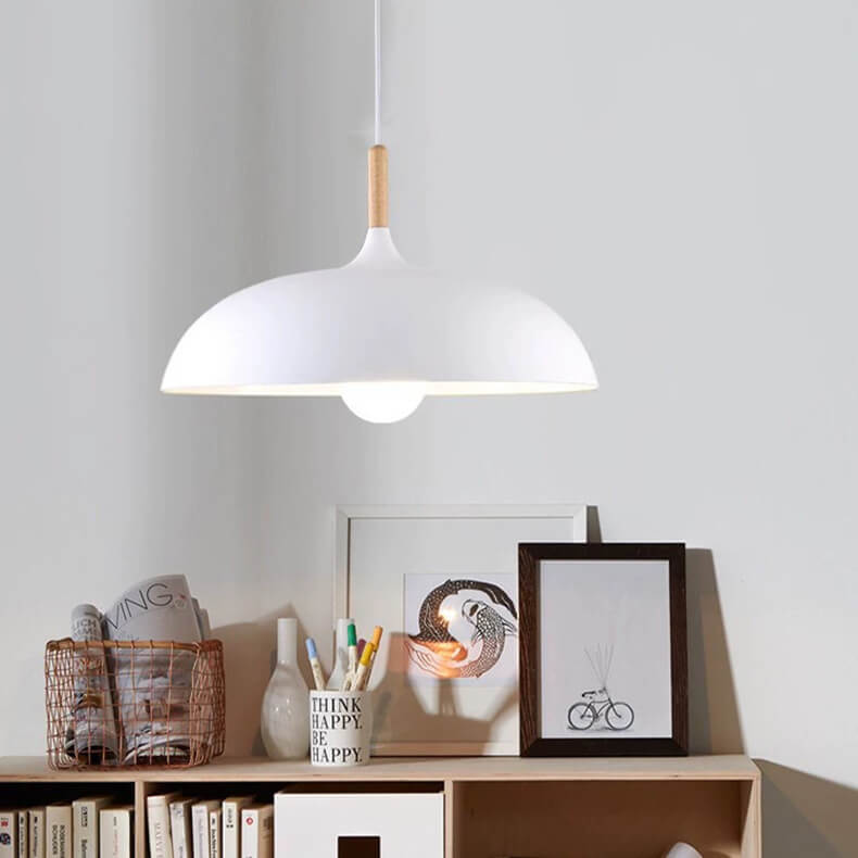 Modern 1-Light Dome Pendant Light with Metal and Wood Top – Stylish Kitchen Hanging Light 5