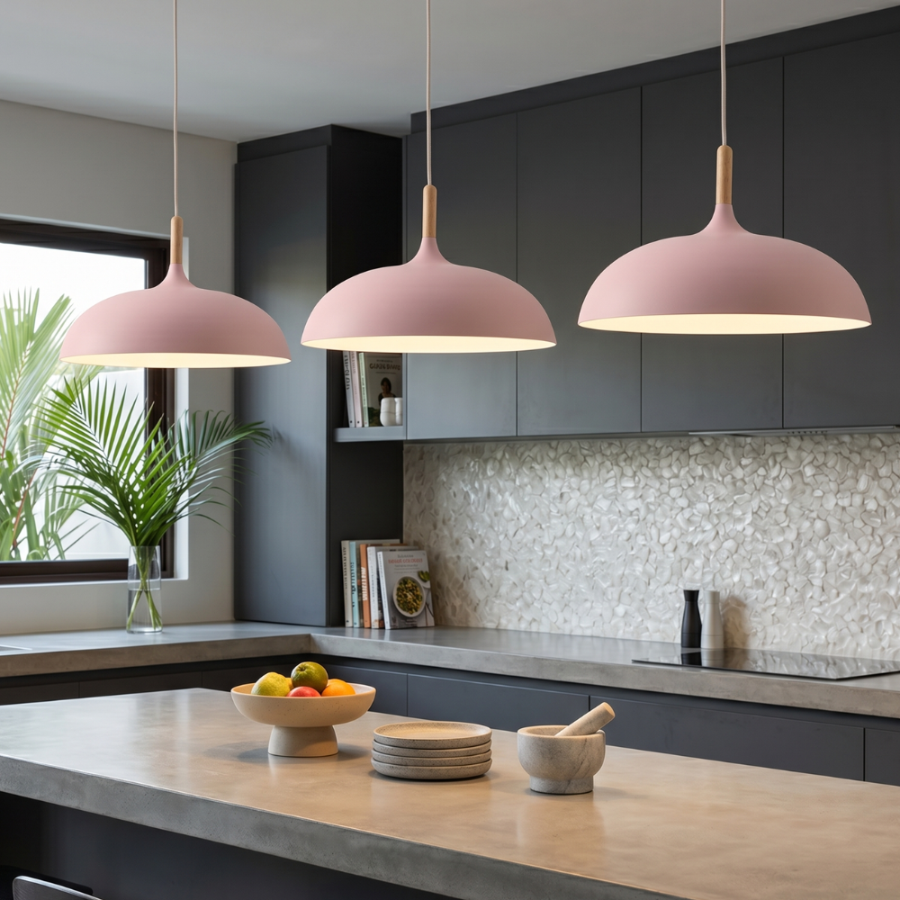 Modern 1-Light Dome Pendant Light with Metal and Wood Top – Stylish Kitchen Hanging Light 96
