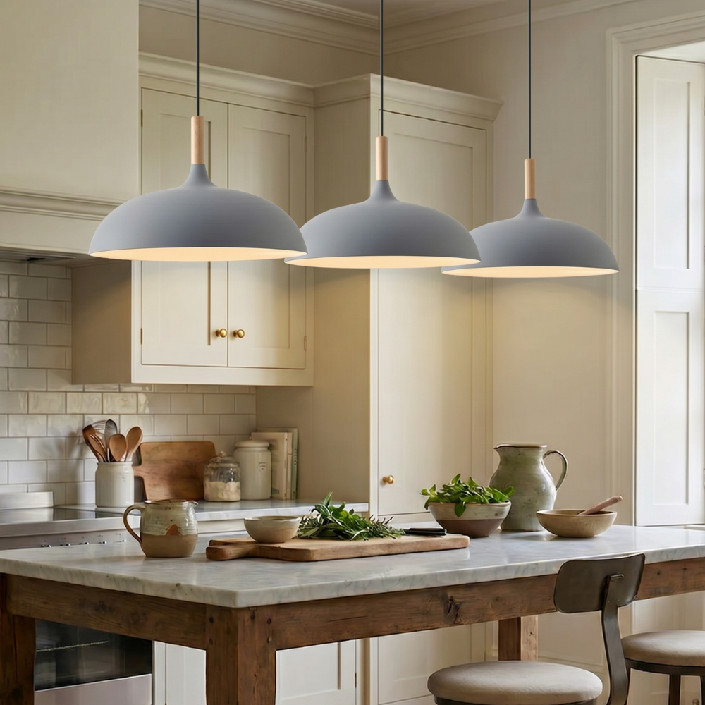 Modern 1-Light Dome Pendant Light with Metal and Wood Top – Stylish Kitchen Hanging Light 97