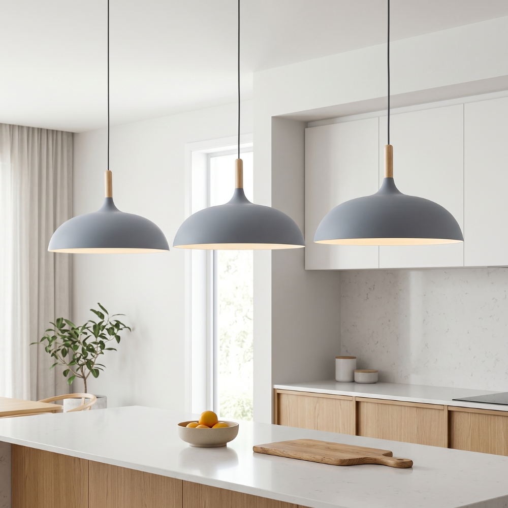 Modern 1-Light Dome Pendant Light with Metal and Wood Top – Stylish Kitchen Hanging Light 99