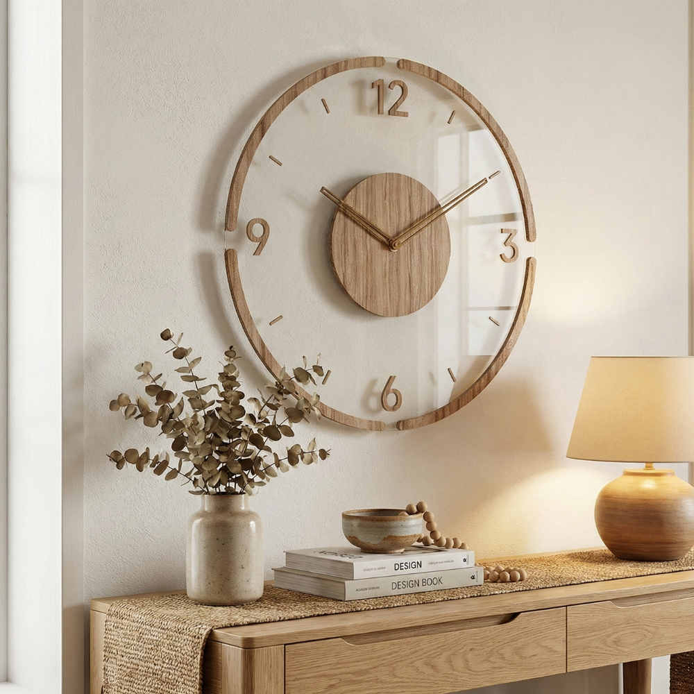 Modern 30 cm Wall Clock – Silent Quartz Mechanism with Acrylic and Wood Design for Minimalist Home Decor