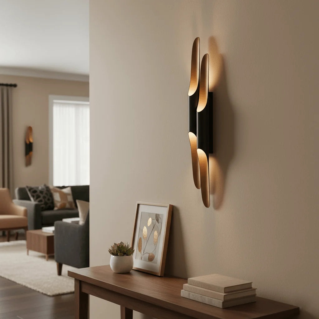 Black Metal LED Wall Sconce Adjustable Arm Gold Accent Modern Living Room Bedroom Home Decor - Stack & Clear 8