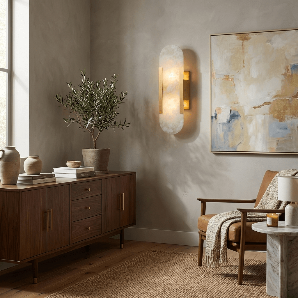 Modern Alabaster Wall Sconce With Brass Accents 4
