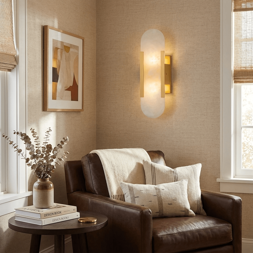 Modern Alabaster Wall Sconce With Brass Accents 6