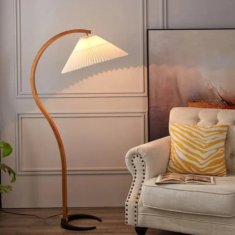 Modern Arc Floor Lamp with Pleated Shade for Living Room – Solid Wood Design 1