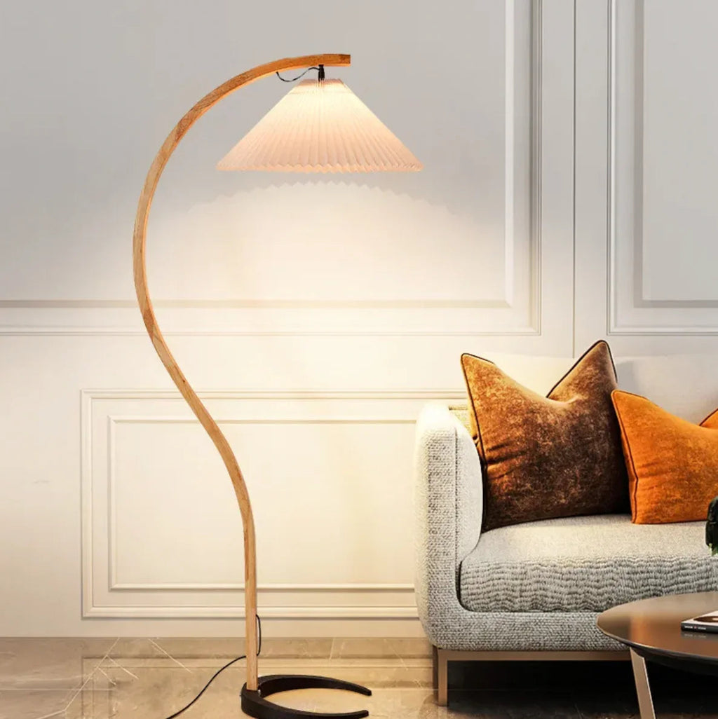 Modern Arc Floor Lamp with Pleated Shade for Living Room – Solid Wood Design 2
