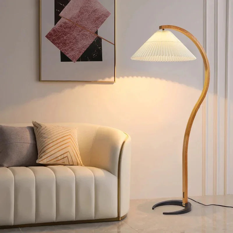 Modern Arc Floor Lamp with Pleated Shade for Living Room – Solid Wood Design 6