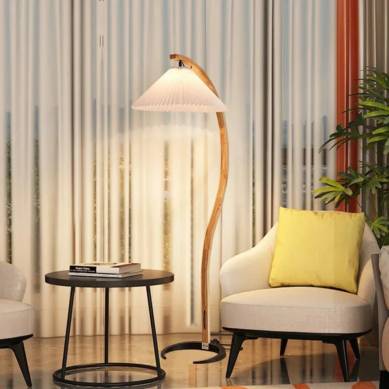 Modern Arc Floor Lamp with Pleated Shade for Living Room – Solid Wood Design 7