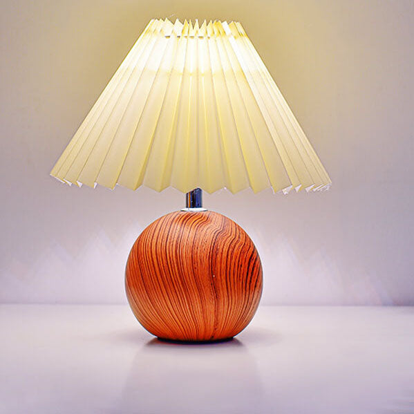 Modern Beige and White Pleated Table Lamp with Wood Base – LED Bedside or Desk Light 0